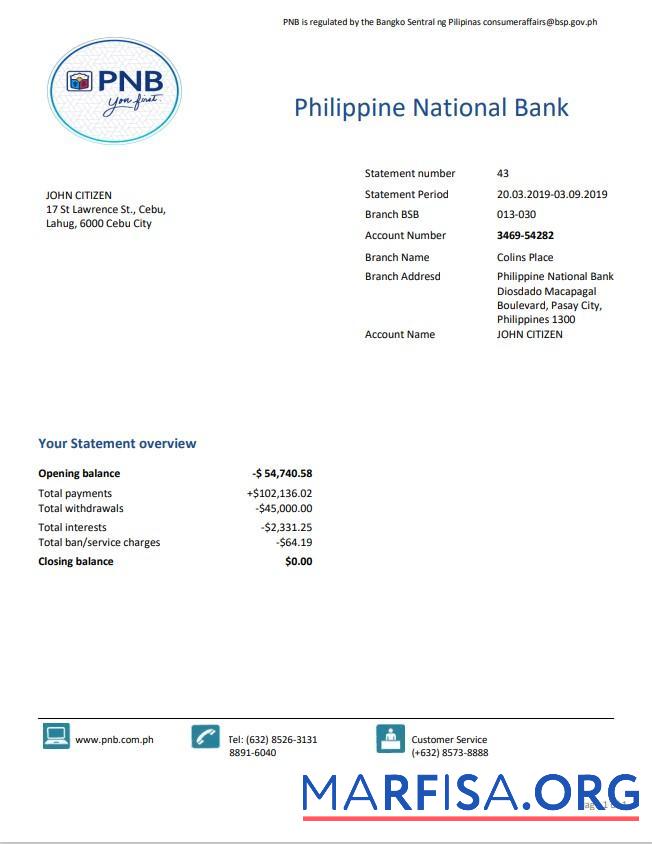 Printable Philippines National Bank (PNB) proof of address bank statement word example
